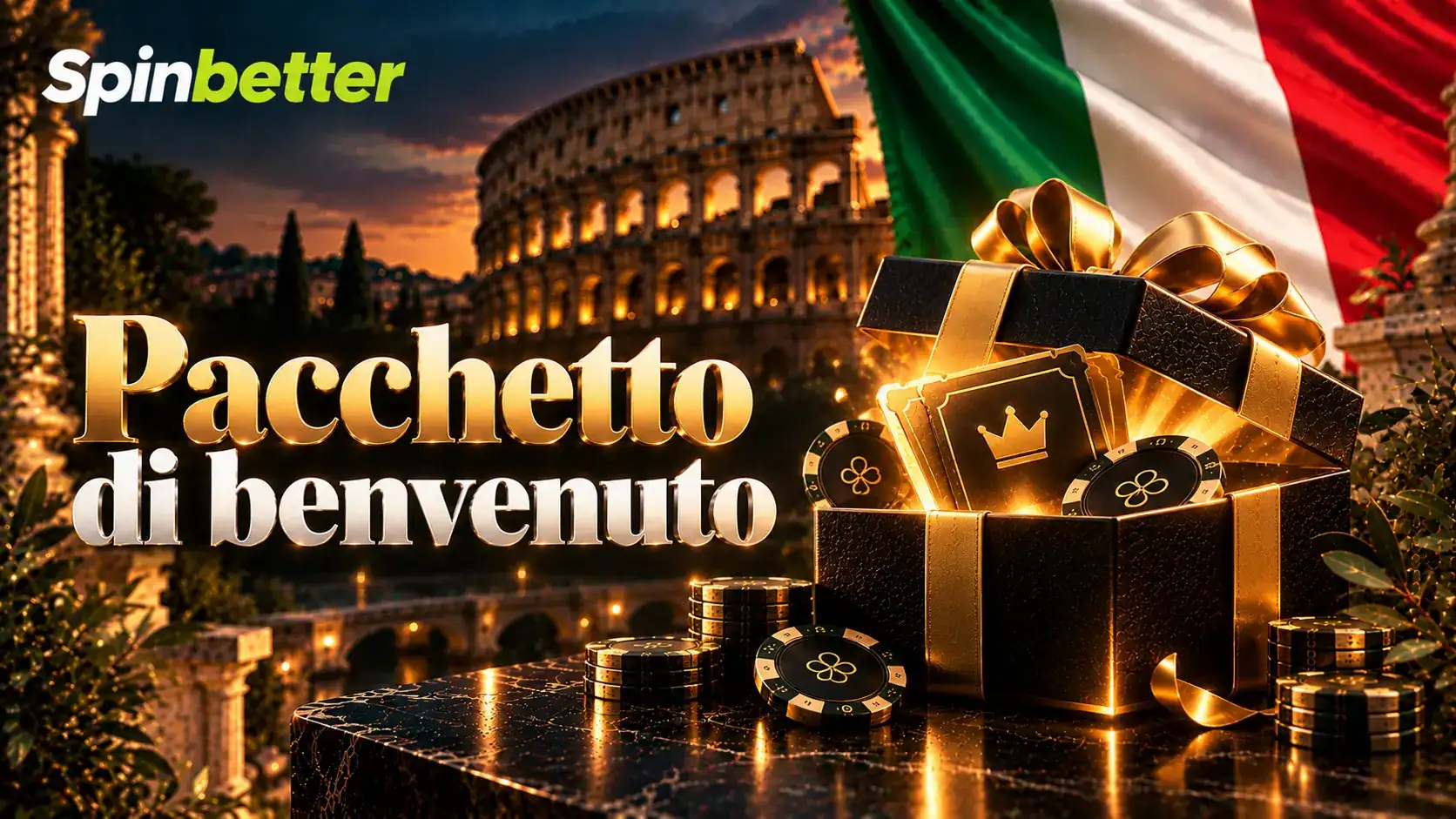 Schermata del pacchetto di benvenuto del casinò SpinBetter con i quattro depositi